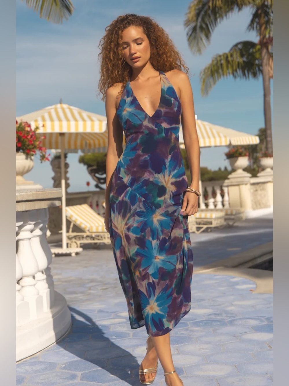 NWT Lulus Delight in Elegance Navy Blue Multi Floral Halter Midi Dress Size XL